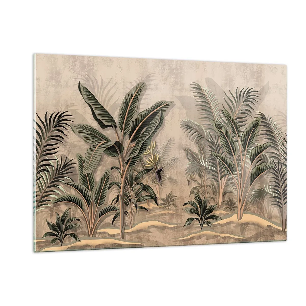 Impression sur verre - Image sur verre - Plantes tropicales sur fond beige dans un style colonial - 120x80cm - Une gravure de style colonial - Décoration murale moderne pour le salon et la chambre ARTTOR