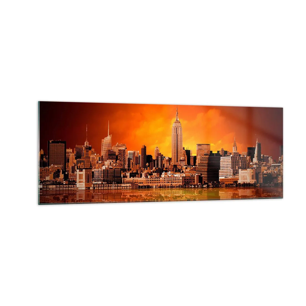 Impression sur verre - Image sur verre - Panorama de la ville au coucher du soleil avec les bâtiments se reflétant dans l'eau - 140x50cm - Panorama de grande ville en jaune et bronze - Décoration murale moderne pour le salon et la chambre ARTTOR