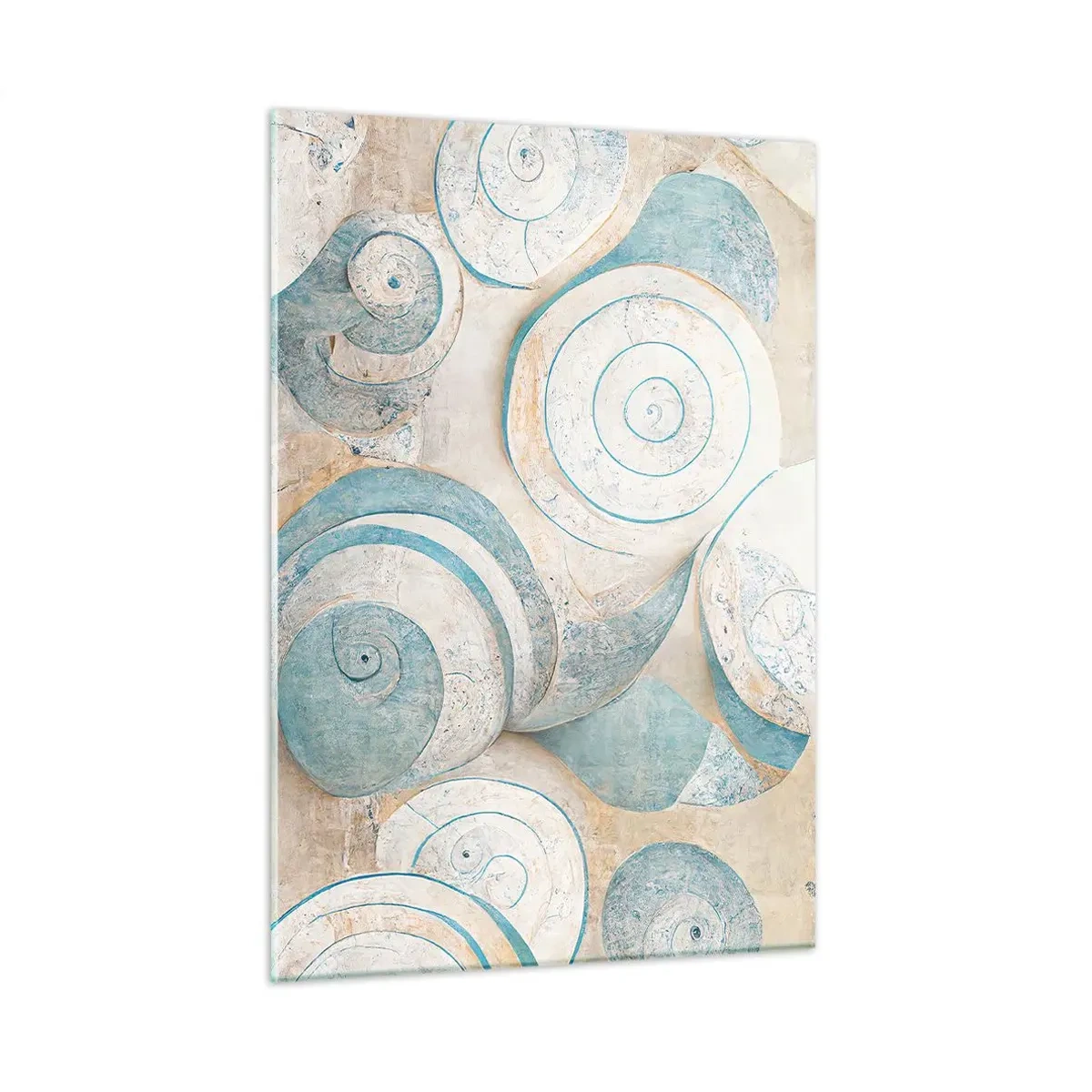 Impression sur verre - Image sur verre - Coquillages dans une palette bleue et beige sur un fond structuré - 50x70cm - Que cache la coque ? - Décoration murale moderne pour le salon et la chambre ARTTOR