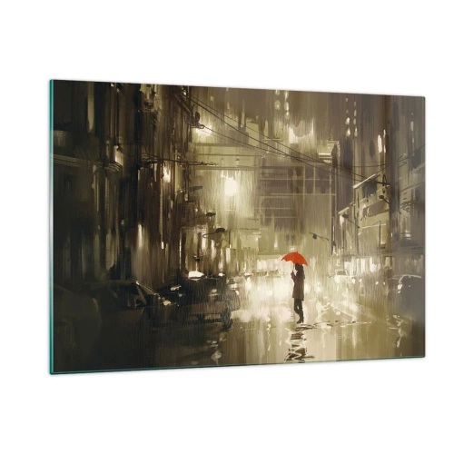 Impression sur verre - Image sur verre - Personne avec un parapluie rouge dans la lumière pluvieuse de la ville la nuit - 120x80cm - Seule mais pas solitaire - Décoration murale moderne pour le salon et la chambre ARTTOR