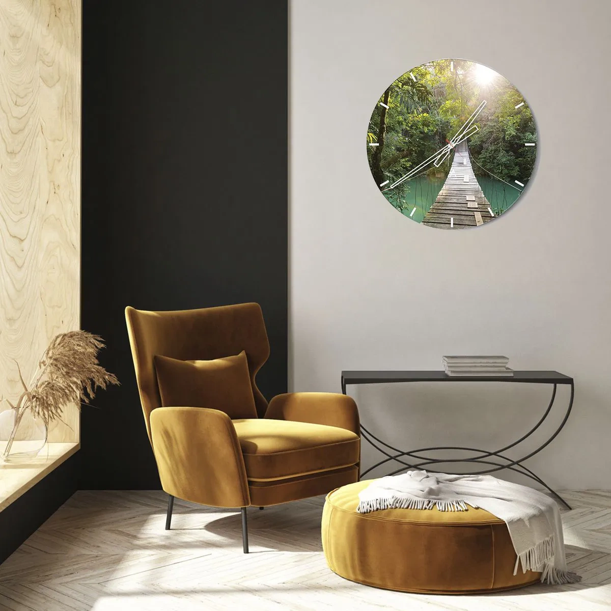 Horloge murale - Pendule murale - Pont suspendu en bois dans la jungle tropicale à l'aube - 30x30cm - De l'eau azur à la forêt azur - Décoration murale moderne pour le salon, la cuisine et la chambre ARTTOR