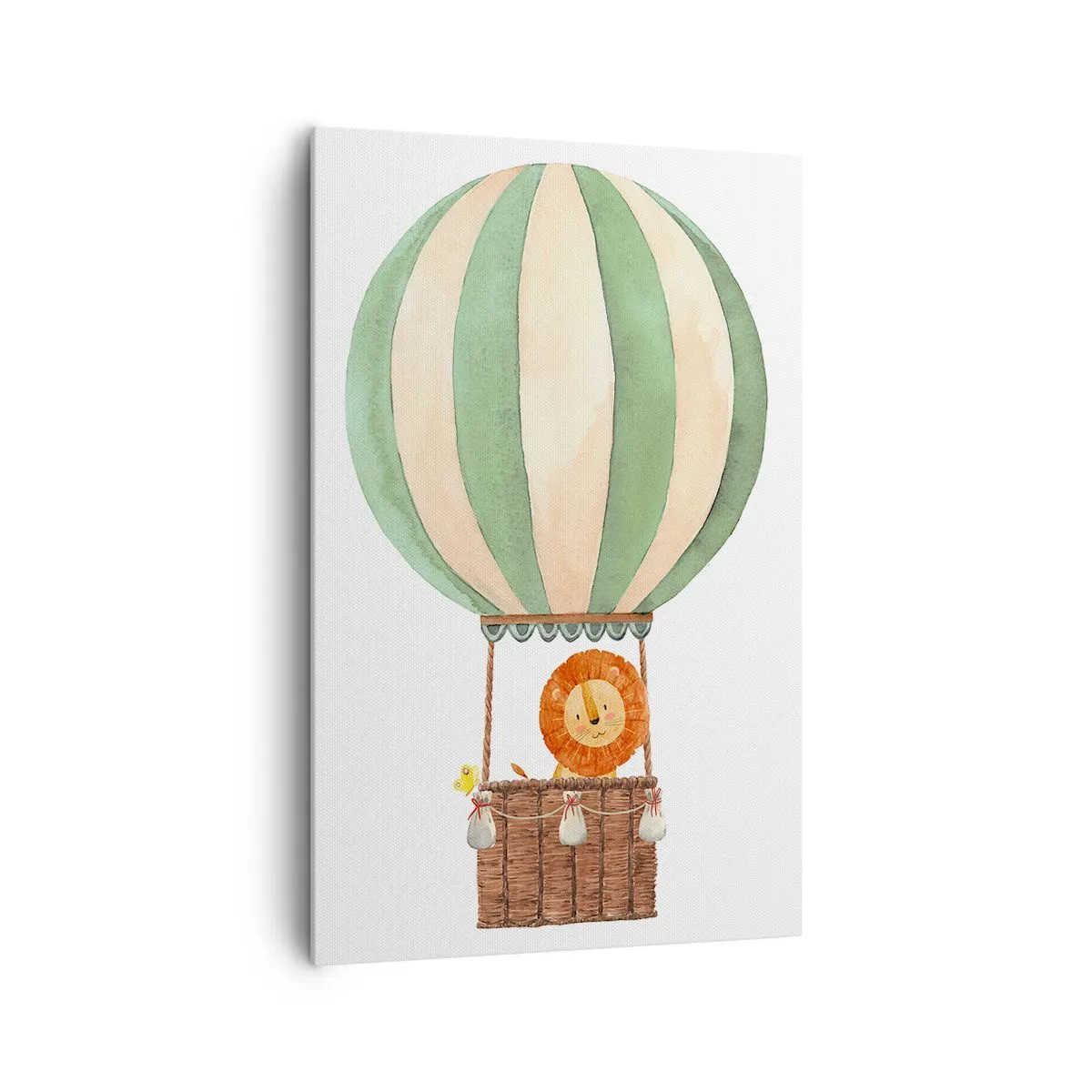 Impression sur toile - Image sur toile - Un ballon avec un lion souriant dans un panier aux couleurs pastel - 80x120cm - Les voyages de Léon - Décoration murale moderne pour le salon et la chambre ARTTOR