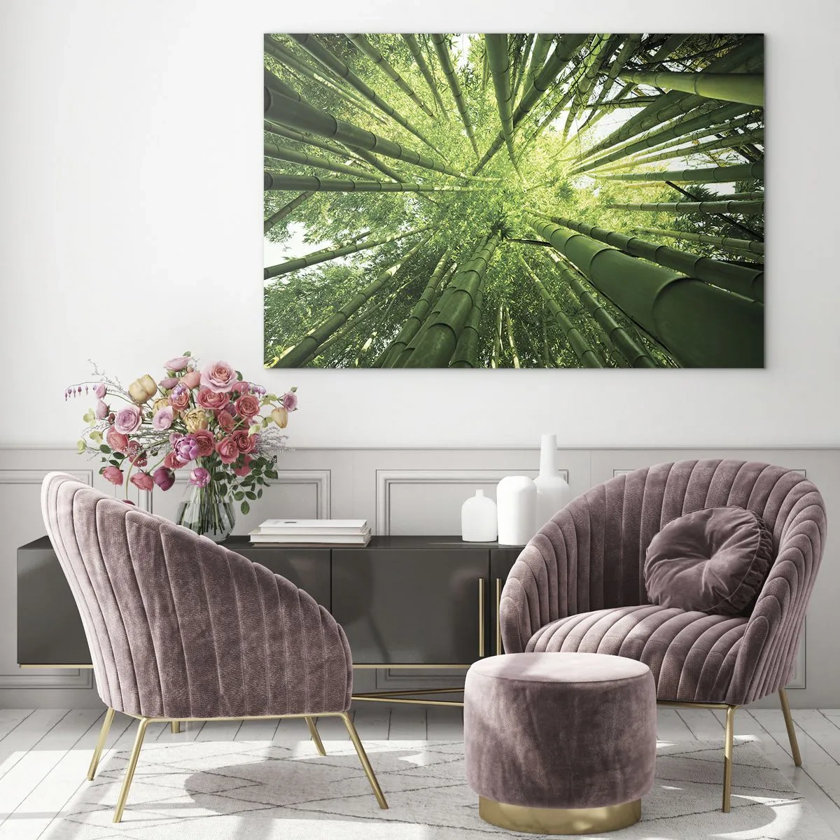 Impression sur verre - Image sur verre - Vue en perspective ascendante de la forêt de bambous - 70x50cm - Dans une bambouseraie - Décoration murale moderne pour le salon et la chambre ARTTOR