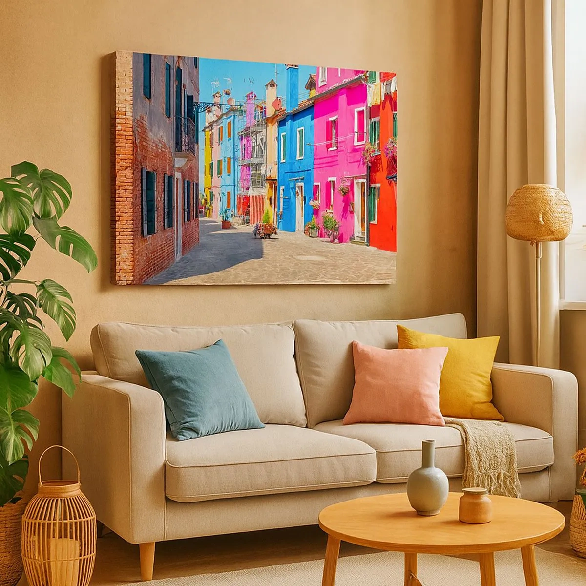 Impression sur toile - Image sur toile - Bâtiments colorés dans une rue étroite de la ville - 70x50cm - Ville "Sous les perroquets" - Décoration murale moderne pour le salon et la chambre ARTTOR
