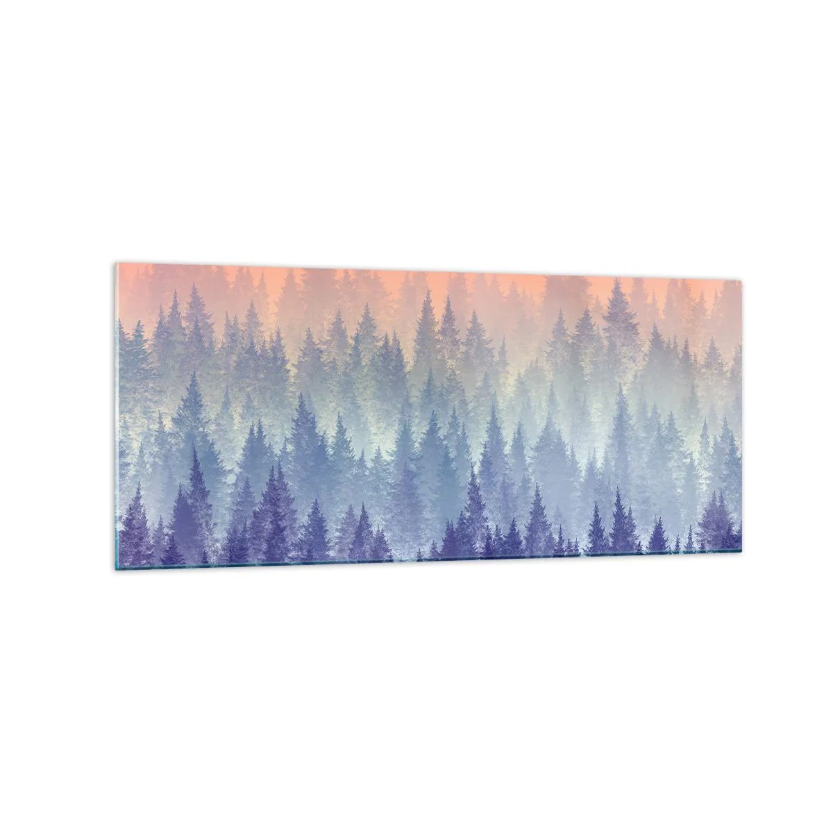 Impression sur verre - Image sur verre - Une forêt brumeuse aux tons violets et orange - 120x50cm - Haut, plus haut, vers le ciel - Décoration murale moderne pour le salon et la chambre ARTTOR