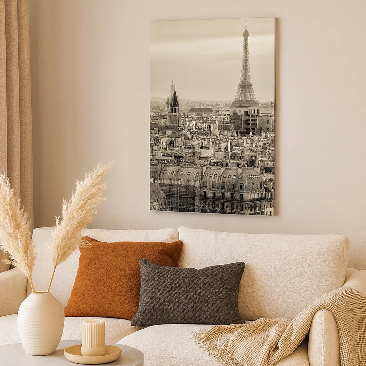 Impression sur toile - Image sur toile - Panorama de Paris avec la Tour Eiffel en tons sépia - 50x70cm - Sur les toits de Paris - Décoration murale moderne pour le salon et la chambre ARTTOR