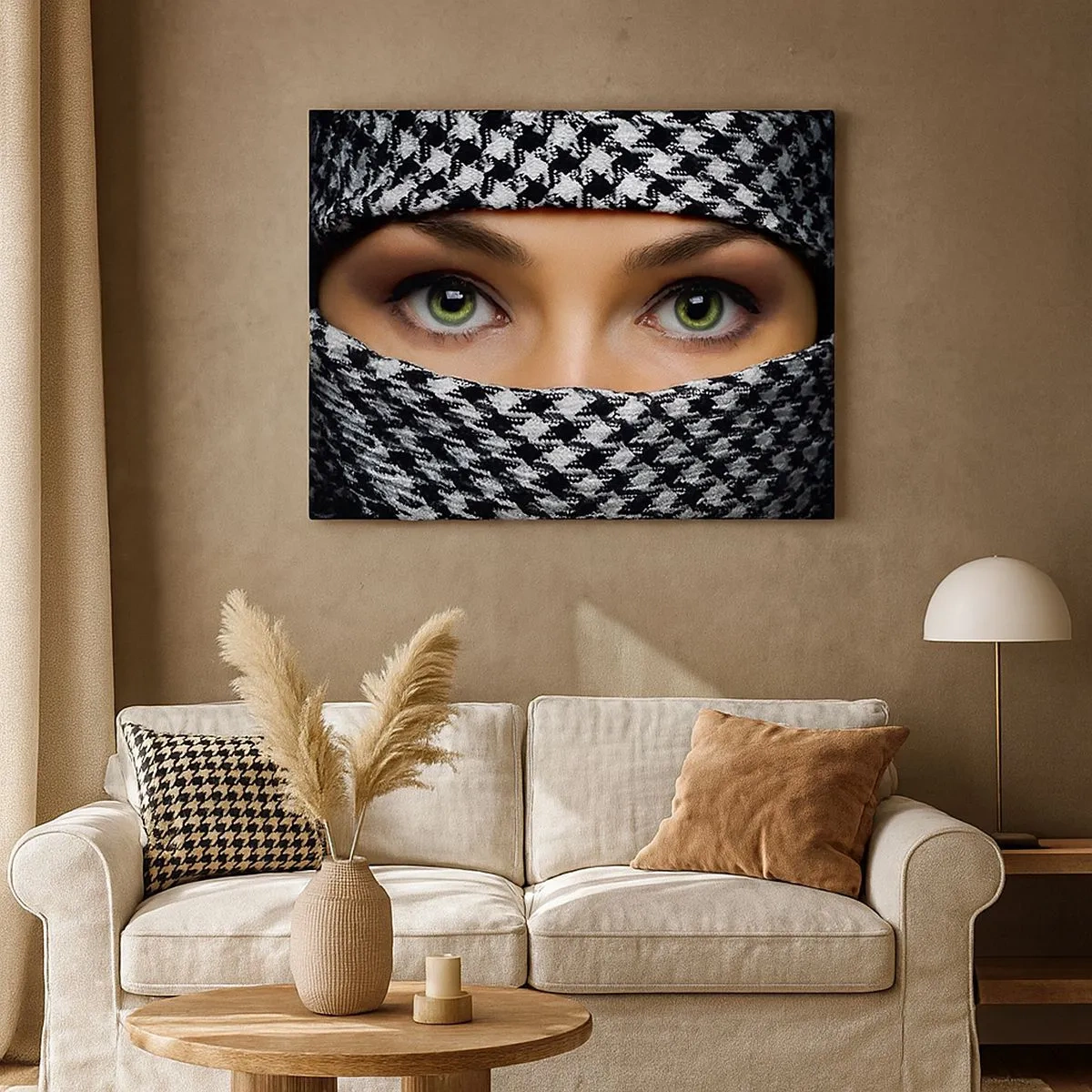 Impression sur toile - Image sur toile - Les yeux verts d'une femme sont cachés derrière un tissu à motifs en noir et blanc. - 70x50cm - Un portrait d'une beauté voilée aux yeux verts - Décoration murale moderne pour le salon et la chambre ARTTOR