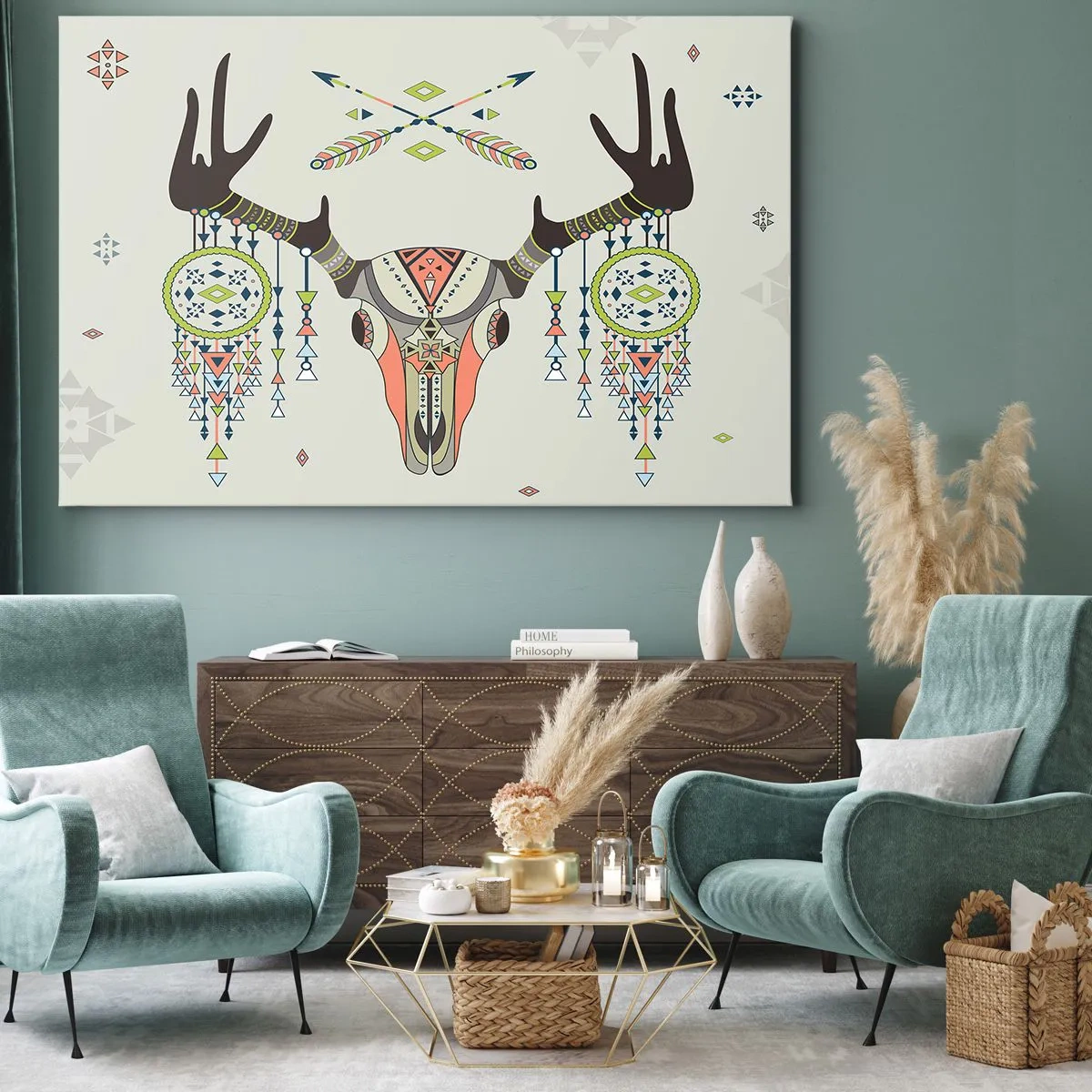 Impression sur toile - Image sur toile - Décoration bohème avec crâne de cerf et attrape-rêves - 70x50cm - Trophée du chasseur indien - Décoration murale moderne pour le salon et la chambre ARTTOR