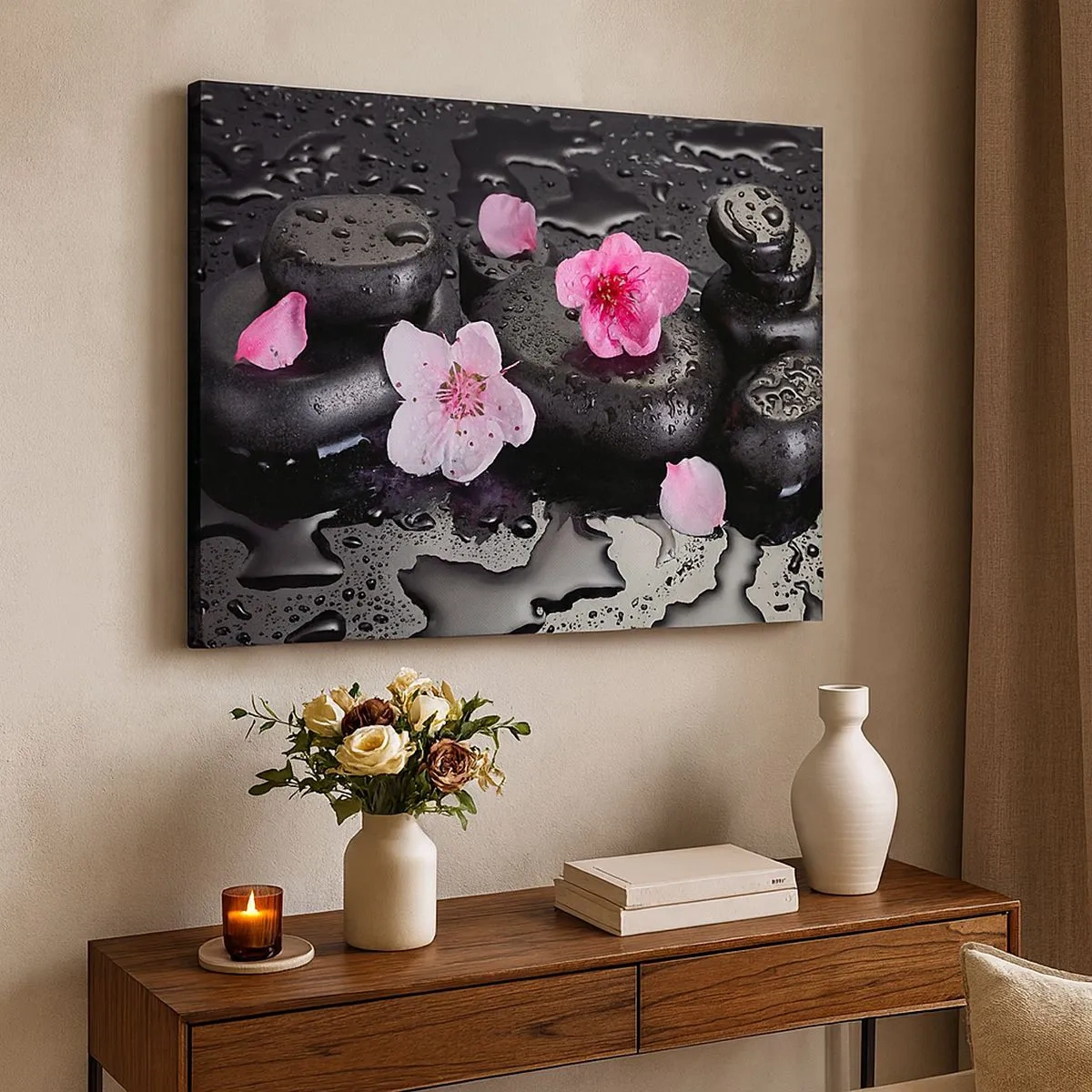 Impression sur toile - Image sur toile - Pierres noires et fleurs roses style spa - 70x50cm - Et le cœur s'allège soudainement - Décoration murale moderne pour le salon et la chambre ARTTOR