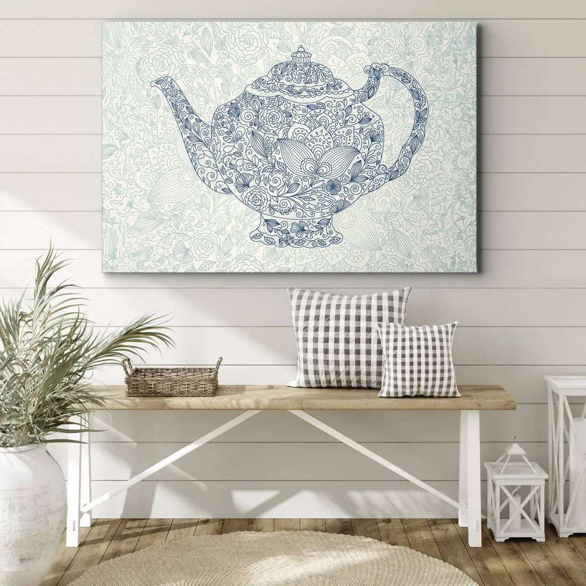 Impression sur toile - Image sur toile - Dessin décoratif d'une théière avec des ornements bleus - 70x50cm - Le charme du thé - Décoration murale moderne pour le salon et la chambre ARTTOR