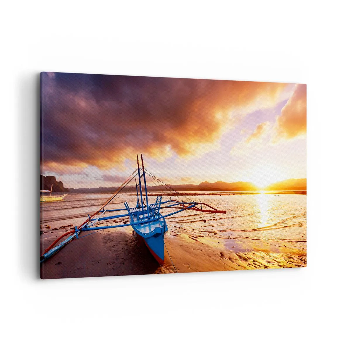 Impression sur toile - Image sur toile - Bateau bleu sur la plage au coucher du soleil - 100x70cm - Allongez-vous dans le sable après une longue journée - Décoration murale moderne pour le salon et la chambre ARTTOR