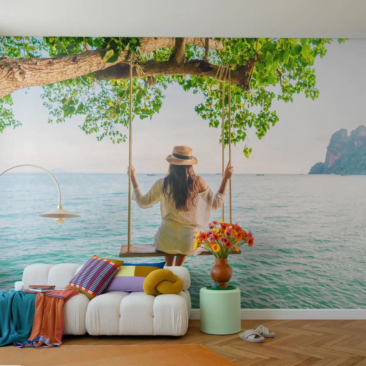 Papier Peint Photo Premium Sand - La vie est belle - Relaxation, Balançoire, Femme - 300x210 cm