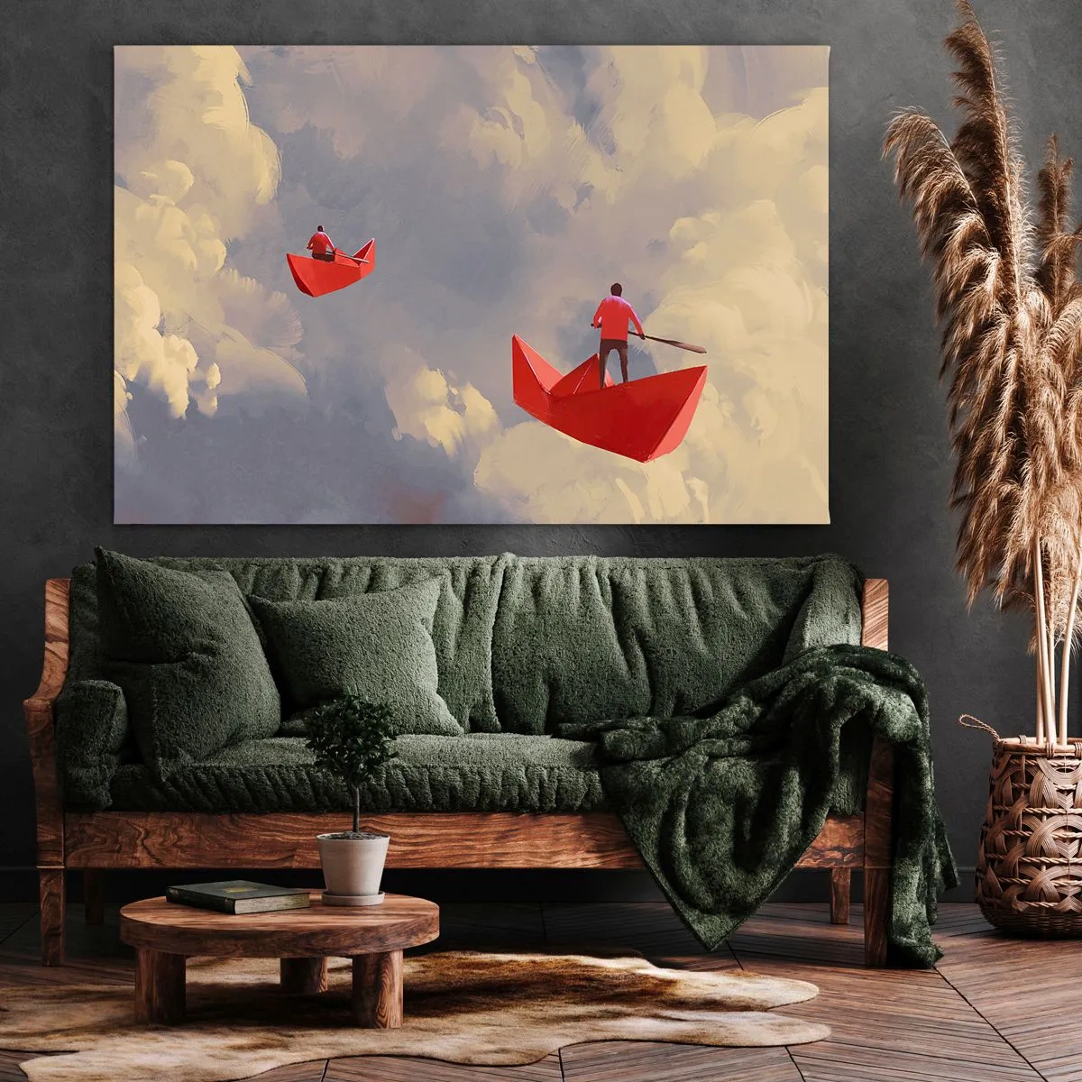 Impression sur toile - Image sur toile - Bateaux en papier rouges flottant dans les nuages - 120x80cm - Expédition des Rêveurs - Décoration murale moderne pour le salon et la chambre ARTTOR
