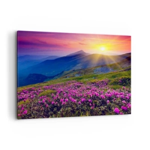 Impression sur toile - Image sur toile - Une prairie fleurie avec vue sur les montagnes au coucher du soleil - 100x70cm - … Et autour, ça sent le pin des montagnes et l'odeur de la prairie - Décoration murale moderne pour le salon et la chambre ARTTOR