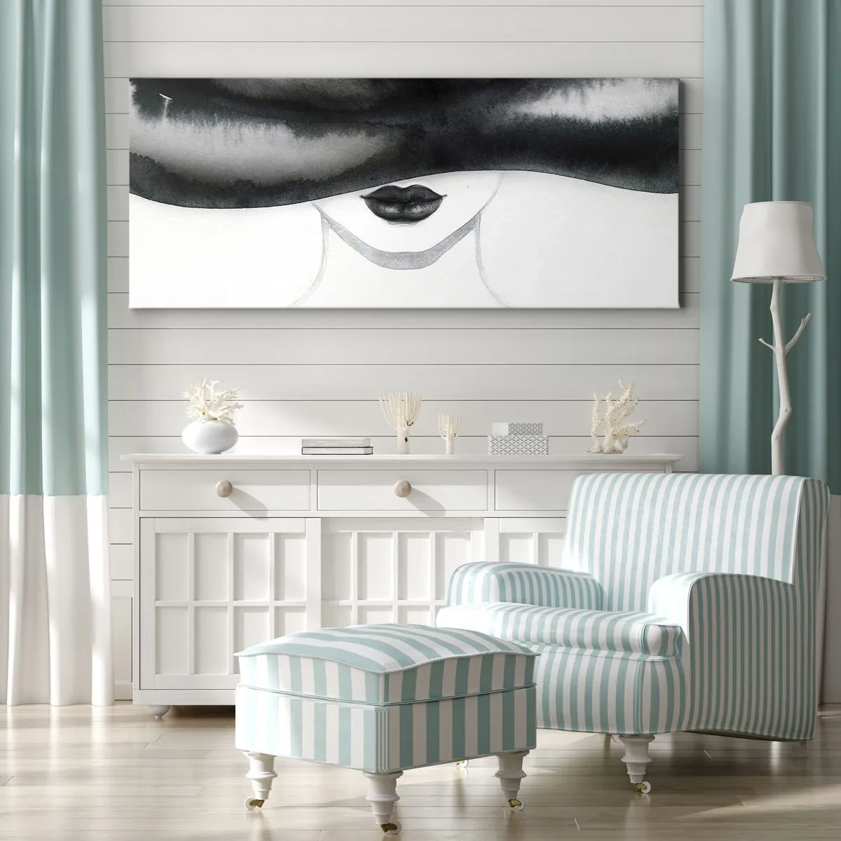 Impression sur toile - Image sur toile - Un portrait subtil d'une femme au visage couvert dans un style monochrome. - 140x50cm - Un mystère sensuel - Décoration murale moderne pour le salon et la chambre ARTTOR