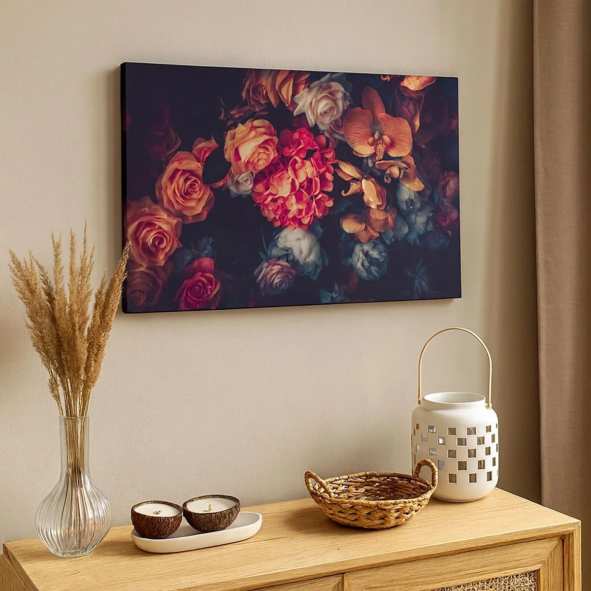 Impression sur toile - Image sur toile - Un bouquet de fleurs variées aux tons sombres - 70x50cm - Comme chez les maîtres hollandais - Décoration murale moderne pour le salon et la chambre ARTTOR