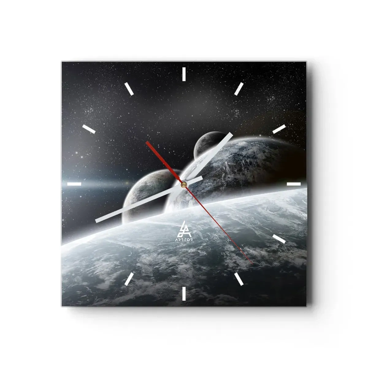 Horloge murale - Pendule murale - Planètes dans l'espace sur fond d'étoiles et de galaxies - 30x30cm - Musique cosmique des sphères - Décoration murale moderne pour le salon et la chambre ARTTOR