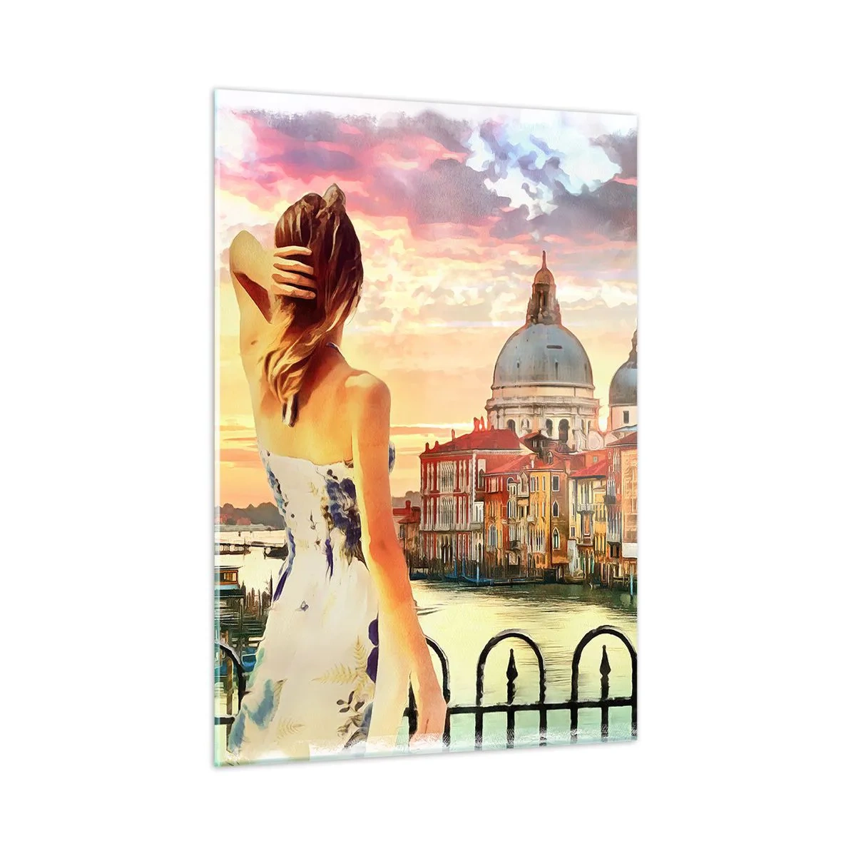 Impression sur verre - Image sur verre - Une femme admire la vue de Venise au coucher du soleil. - 50x70cm - Pour une aventure c'est uniquement dans ... - Décoration murale moderne pour le salon et la chambre ARTTOR