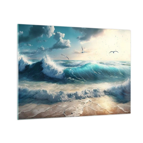 Impression sur verre - Image sur verre - Les vagues s'écrasent sur le rivage dans la lumière du matin - 70x50cm - Ça bourdonne seulement pour toi - Décoration murale moderne pour le salon et la chambre ARTTOR