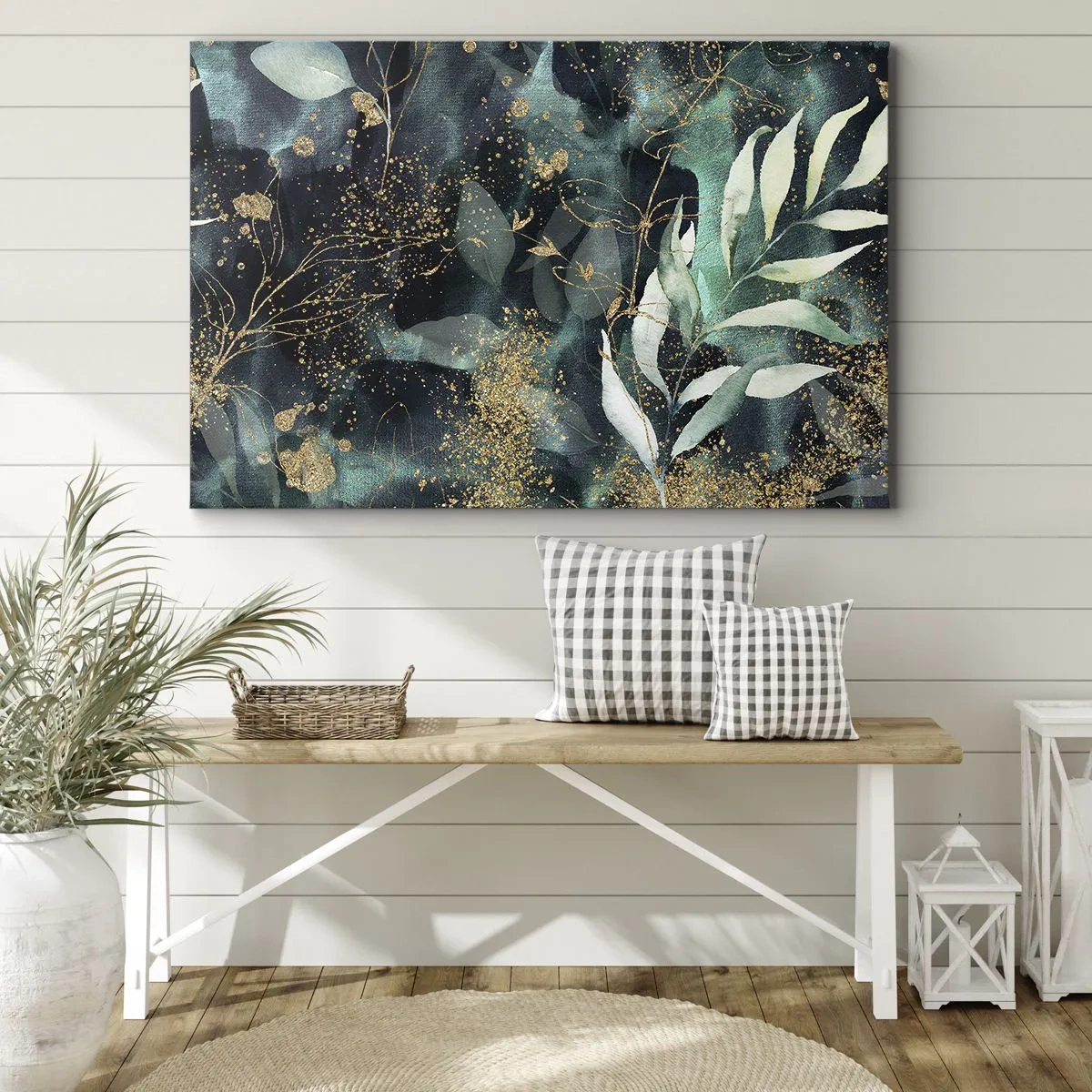 Impression sur toile - Image sur toile - Feuilles élégantes sur un fond sombre avec des accents dorés - 120x80cm - Jardin magique - Décoration murale moderne pour le salon et la chambre ARTTOR