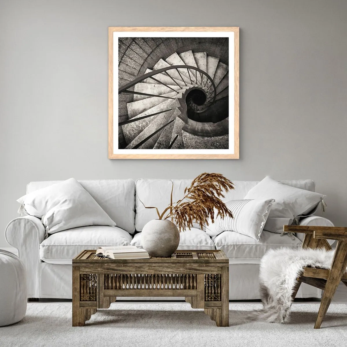 Affiche dans un chêne clair - Poster - En haut des escaliers, en bas des escaliers - 60x60 cm