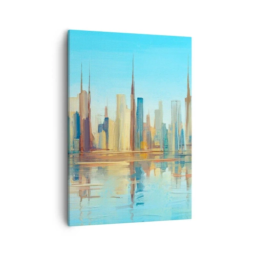 Impression sur toile - Image sur toile - Un panorama de la ville aux couleurs chaudes avec reflet dans l'eau - 50x70cm - Une métropole ensoleillée - Décoration murale moderne pour le salon et la chambre ARTTOR