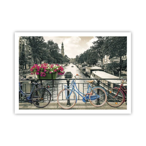 Affiche - Poster - Un pont avec des vélos et des fleurs sur un canal à Amsterdam - 100x70cm - Couleurs de rue d'Amsterdam - Décoration murale moderne pour le salon et la chambre ARTTOR
