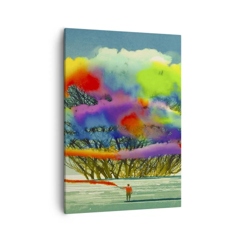 Impression sur toile - Image sur toile - Une silhouette avec de la fumée colorée à l'arrière-plan d'un arbre dans la nature - 50x70cm - Donner vie à ce monde - Décoration murale moderne pour le salon et la chambre ARTTOR