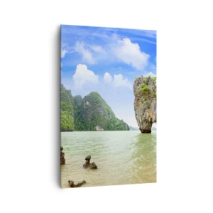 Impression sur toile - Image sur toile - Une formation rocheuse exotique entourée d'eau et de verdure sous un ciel bleu. - 80x120cm - Merveilles rocheuses de la nature - Décoration murale moderne pour le salon et la chambre ARTTOR