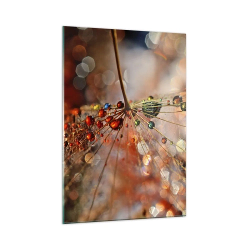 Impression sur verre - Image sur verre - Gouttes d'eau sur une délicate toile d'araignée sous une lumière bokeh - 50x70cm - Enfilé sur un fil d'araignée - Décoration murale moderne pour le salon et la chambre ARTTOR