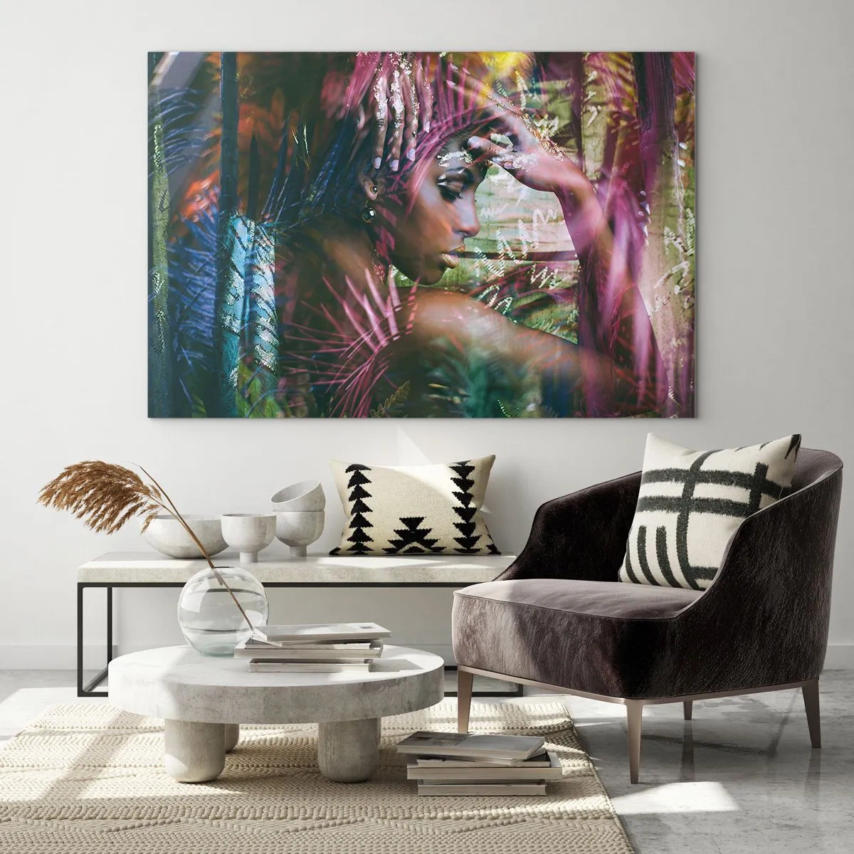 Impression sur verre - Image sur verre - Portrait d'une femme parmi les feuilles tropicales et les reflets de lumière. - 70x50cm - Dame Nature dans la jungle - Décoration murale moderne pour le salon et la chambre ARTTOR