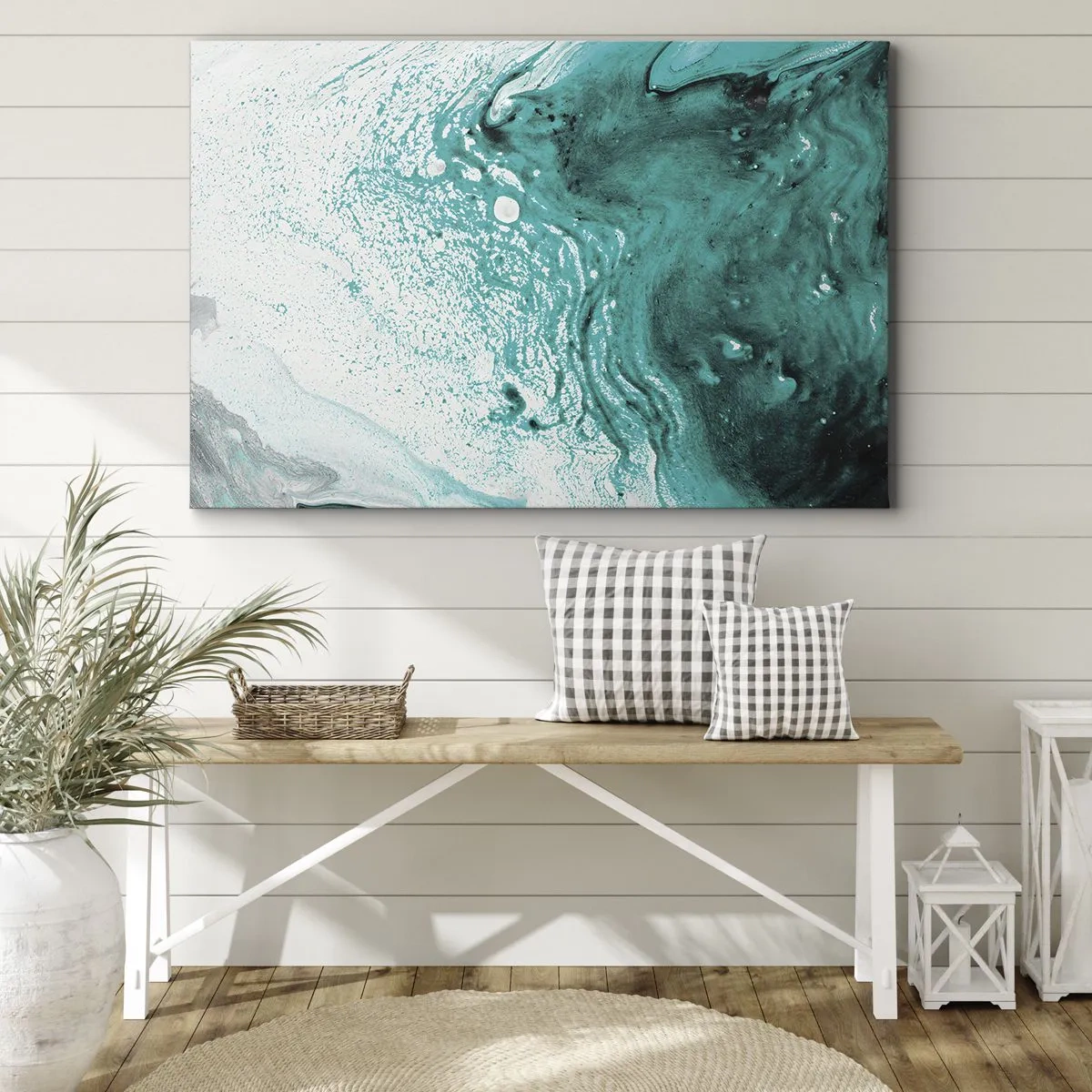Impression sur toile - Image sur toile - Composition abstraite dans des tons turquoise sur fond blanc - 70x50cm - Se fondre dans le bleu et le turquoise - Décoration murale moderne pour le salon et la chambre ARTTOR