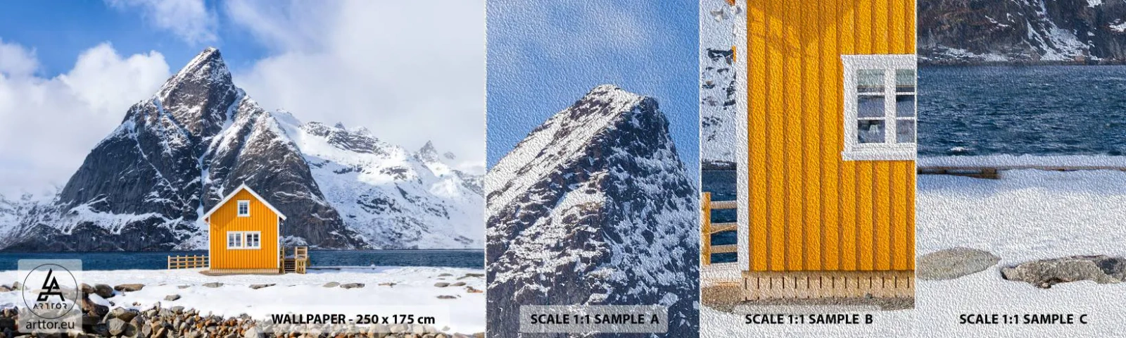 Échantillon de Papier Peint Premium Sand - Vacances scandinaves - Hiver, Alpes, Montagnes - 100x30 cm