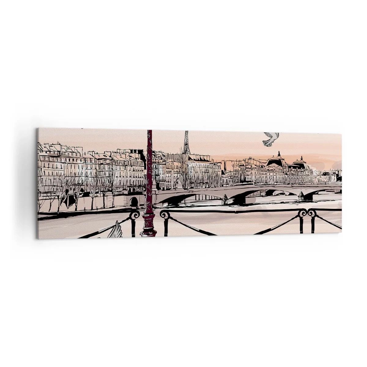 Impression sur toile - Image sur toile - Vue parisienne avec une lanterne et un pont - 160x50cm - Sur les toits de Paris - Décoration murale moderne pour le salon et la chambre ARTTOR
