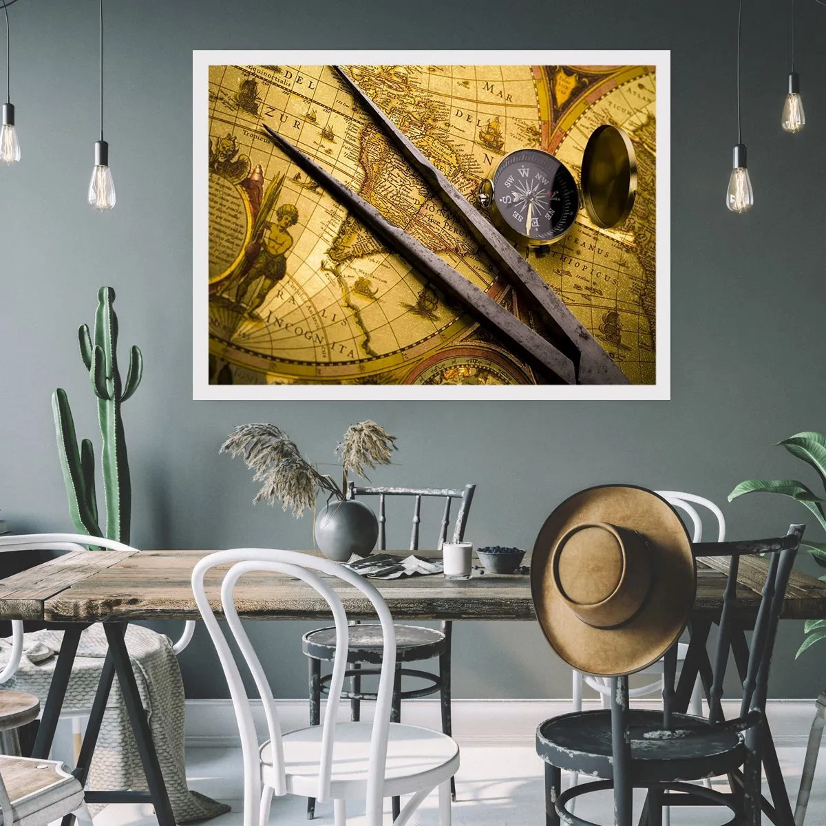 Affiche - Poster - Une carte du monde antique avec une boussole et un compas en arrière-plan - 100x70cm - Où sont ces trésors? - Décoration murale moderne pour le salon et la chambre ARTTOR