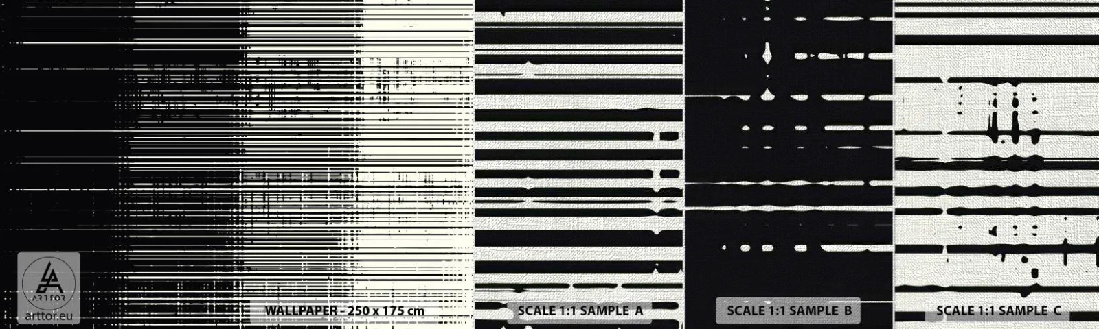 Échantillon de Papier Peint Premium Canvas - Ondes et vibrations - Noir et blanc, Codes-barres, Lignes - 100x30 cm