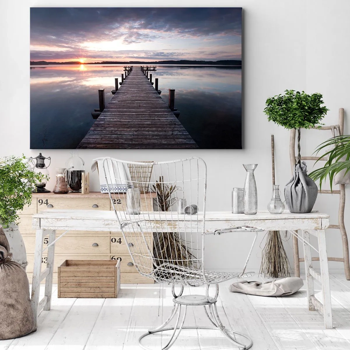Impression sur toile - Image sur toile - Une jetée sur un lac au coucher du soleil dans un paysage paisible - 70x50cm - Une frontière tranquille entre le jour et la nuit - Décoration murale moderne pour le salon et la chambre ARTTOR