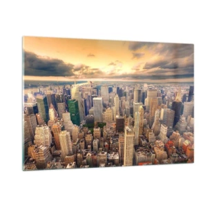Impression sur verre - Image sur verre - Panorama de la ville avec des gratte-ciels au coucher du soleil - 120x80cm - Métropole dorée - Décoration murale moderne pour le salon et la chambre ARTTOR