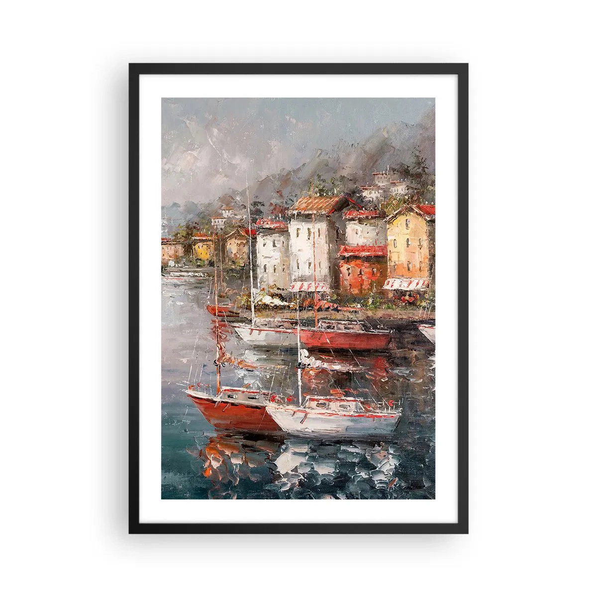 Affiche dans un cadre noir - Poster - Un port pittoresque avec des voiliers de style impressionniste - 50x70cm - Havre romantique - Décoration murale moderne pour le salon et la chambre ARTTOR
