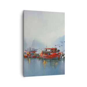Impression sur toile - Image sur toile - Un port avec des bateaux rouges entouré d'un paysage brumeux - 70x100cm - Na końcu świata - Décoration murale moderne pour le salon et la chambre ARTTOR