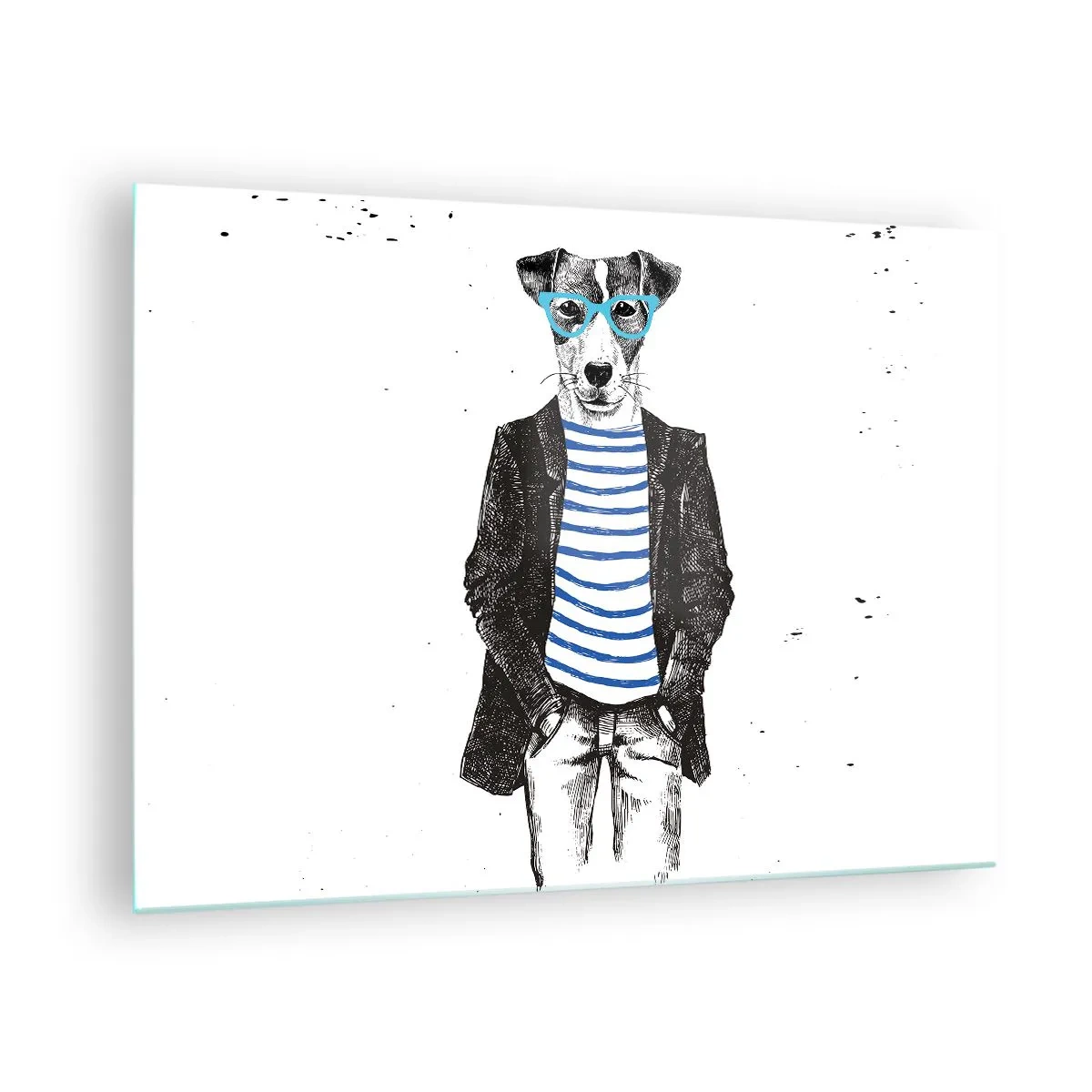 Impression sur verre - Image sur verre - Illustration d'un chien portant une chemise de marin et des lunettes sur fond blanc - 70x50cm - Un charme de chien - Décoration murale moderne pour le salon et la chambre ARTTOR