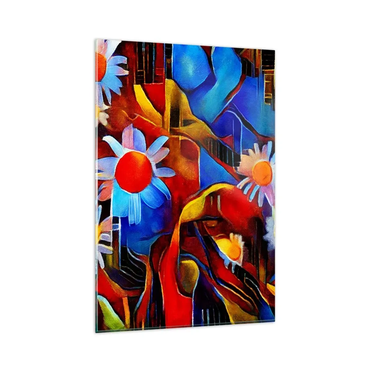 Impression sur verre - Image sur verre - Fleurs abstraites sur fond de motifs géométriques - 80x120cm - Les couleurs de la vie - Décoration murale moderne pour le salon et la chambre ARTTOR