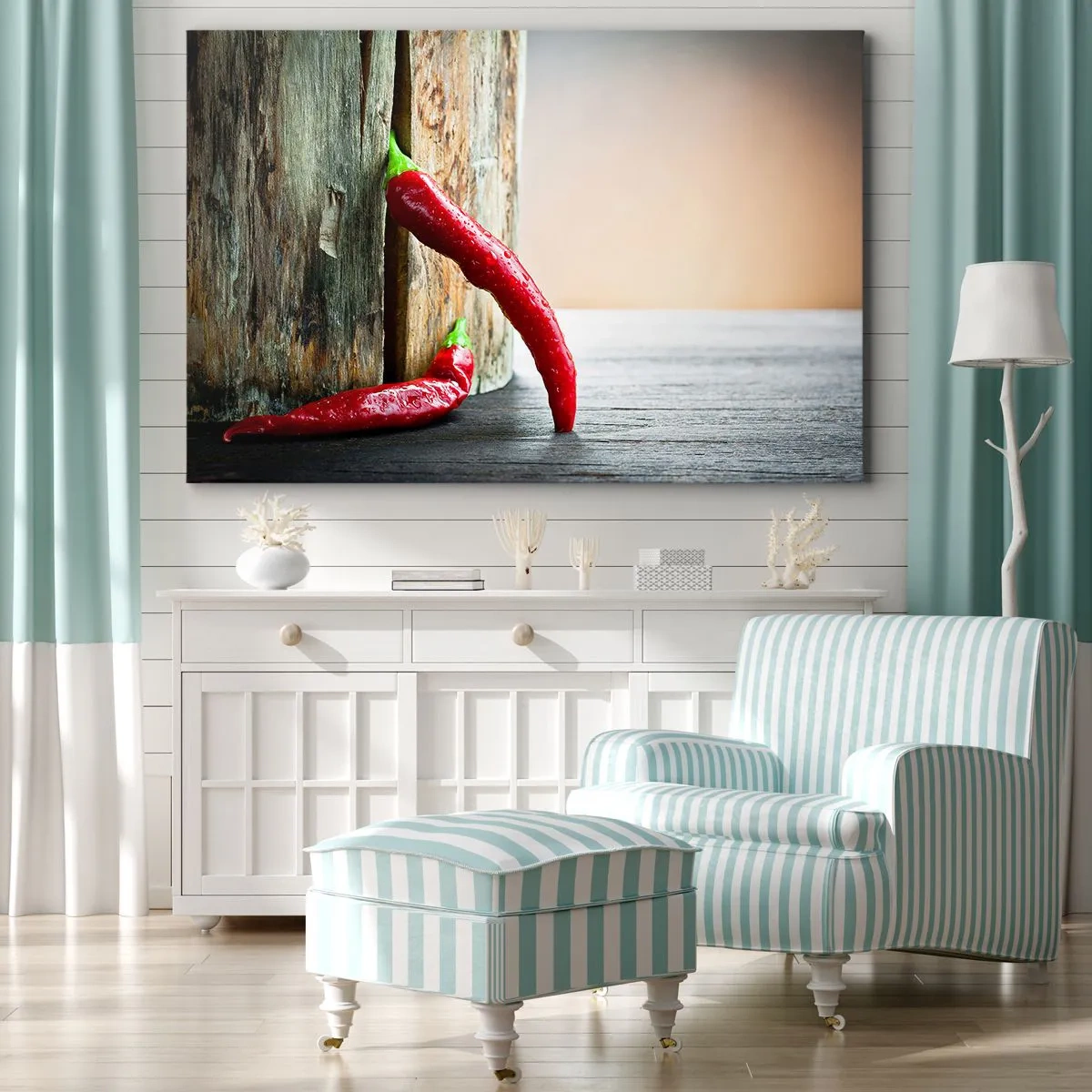 Impression sur toile - Image sur toile - Deux piments rouges sur un fond en bois avec un accent rustique - 100x70cm - Red hot chili peppers - Décoration murale moderne pour le salon et la chambre ARTTOR