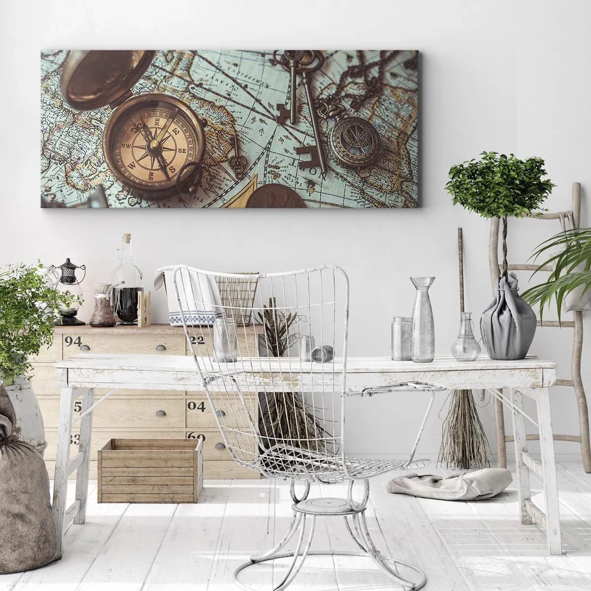 Impression sur toile - Image sur toile - Composition avec une boussole, des clés et une vieille carte dans un style rétro - 160x50cm - Pour ceux qui recherche l'aventure - Décoration murale moderne pour le salon et la chambre ARTTOR