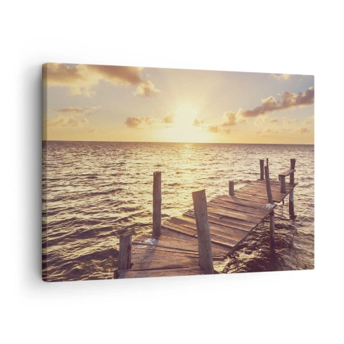 Impression sur toile - Image sur toile - Une jetée en bois menant vers le coucher du soleil - 70x50cm - La terre d'or de la douceur - Décoration murale moderne pour le salon et la chambre ARTTOR