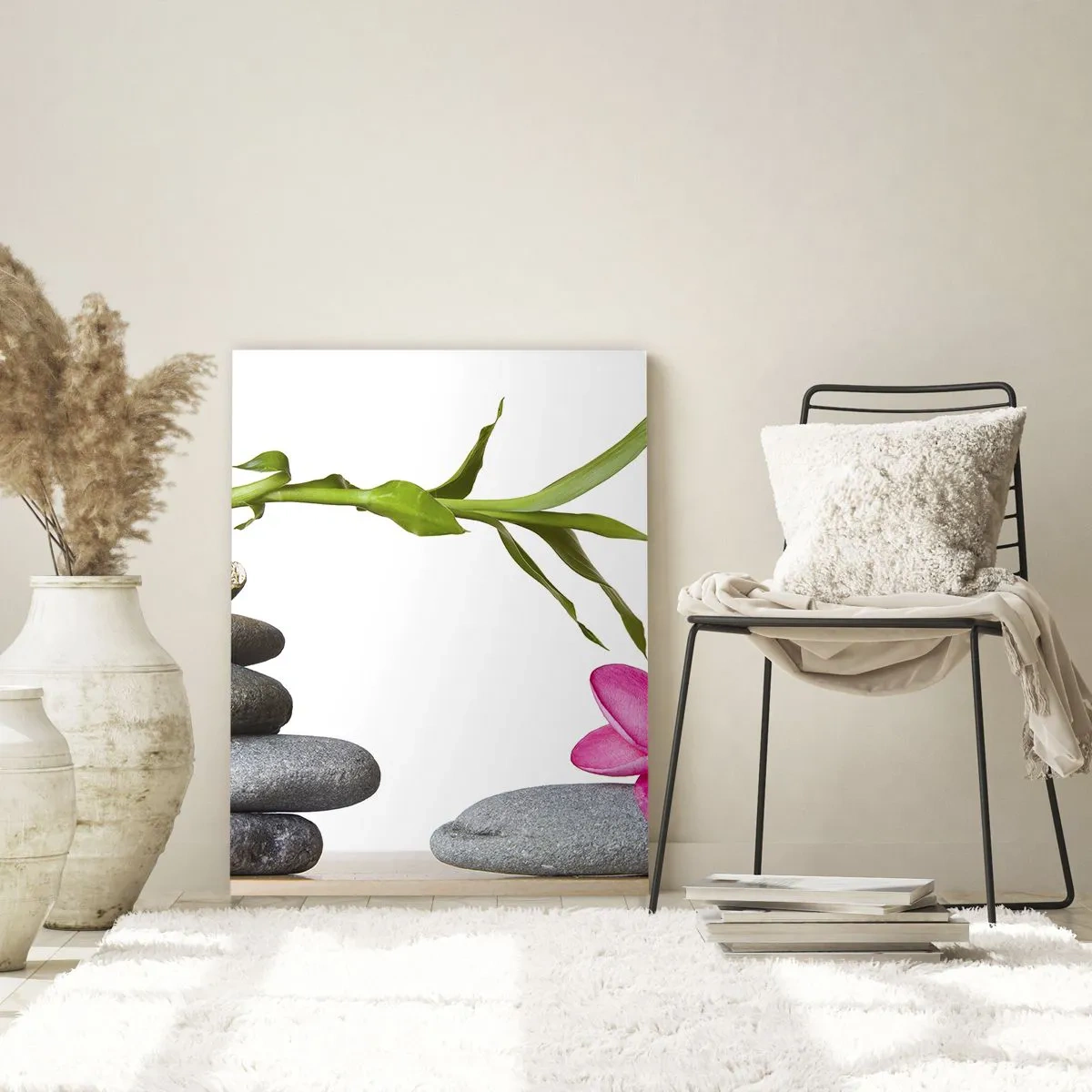 Impression sur verre - Image sur verre - Bambou et fleur rose sur pierres de style zen - 70x100cm - Couleurs de la vie et de la durée - Décoration murale moderne pour le salon et la chambre ARTTOR