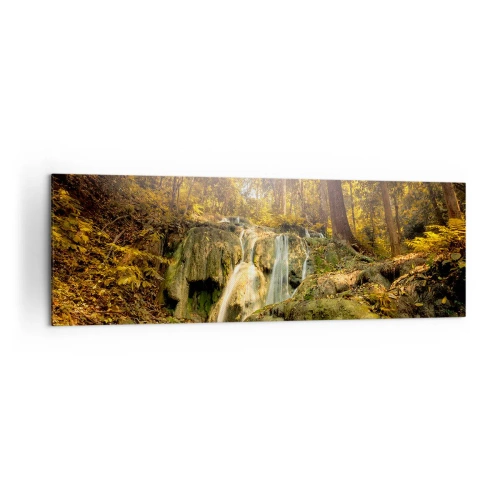 Impression sur toile - Image sur toile - Une cascade forestière sous les rayons du soleil, entourée de verdure - 160x50cm - Cascade de forêt en vert - Décoration murale moderne pour le salon et la chambre ARTTOR
