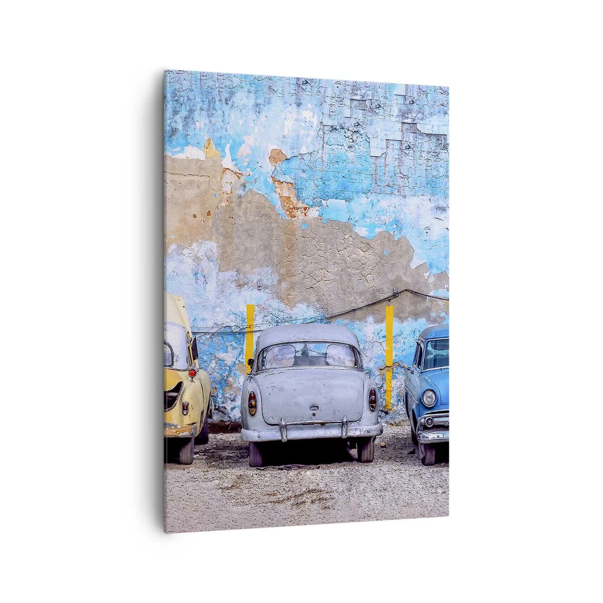 Impression sur toile - Image sur toile - Vieilles voitures sur fond de mur détruit - 70x100cm - Rencontre de vétérans - Décoration murale moderne pour le salon et la chambre ARTTOR