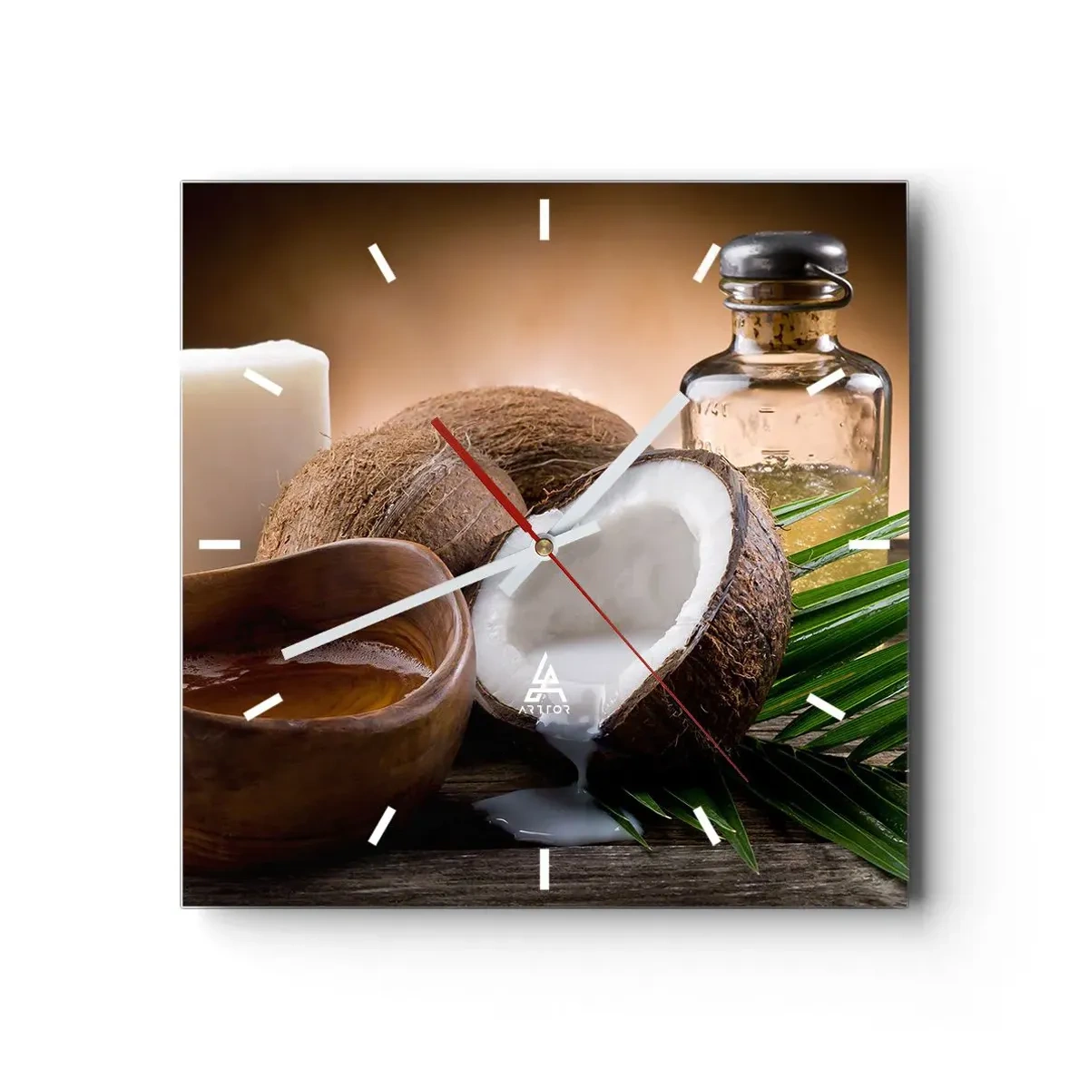 Horloge murale - Pendule murale - Noix de coco, bougie et huile sur fond de bois - 30x30cm - Santé des îles tropicales - Décoration murale moderne pour le salon et la chambre ARTTOR