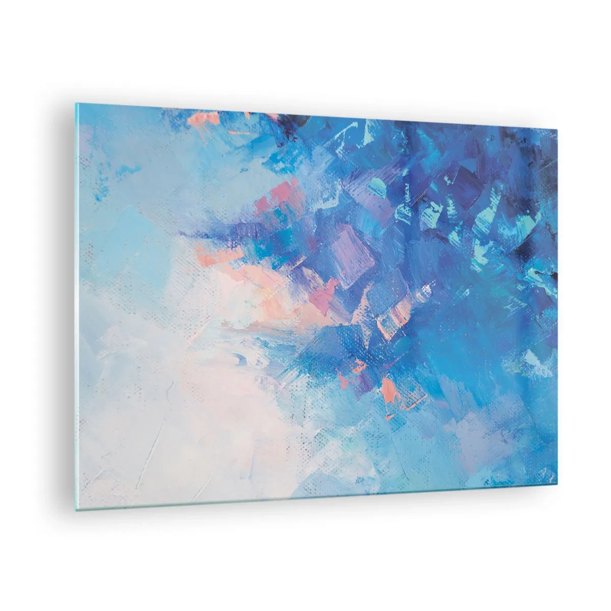 Impression sur verre - Image sur verre - Paysage d'hiver abstrait avec des bleus froids et des teintes roses douces - 70x50cm - Abstraction hivernale - Décoration murale moderne pour le salon et la chambre ARTTOR